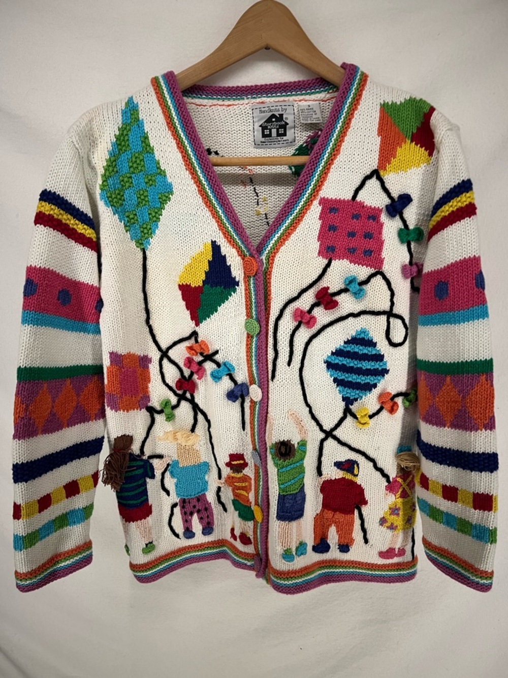 Vintage Storybook Knits Kids With Kites Cardigan Sweater Size S Teacher Artcore